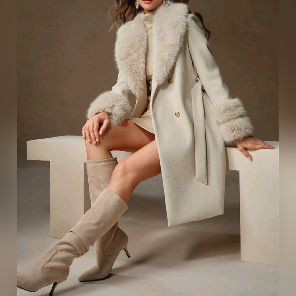 NEW Glam Faux Fur Borg Collar Double Breasted Tie Waist Jacket Coat Beige Cream - Picture 4 of 13